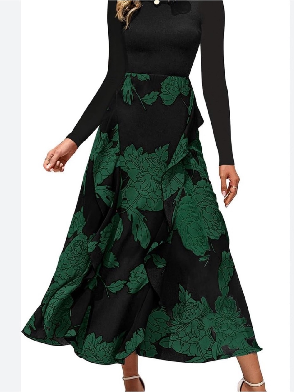 BTFBM Black & Dark Green Floral A-Line Maxi Dress - M